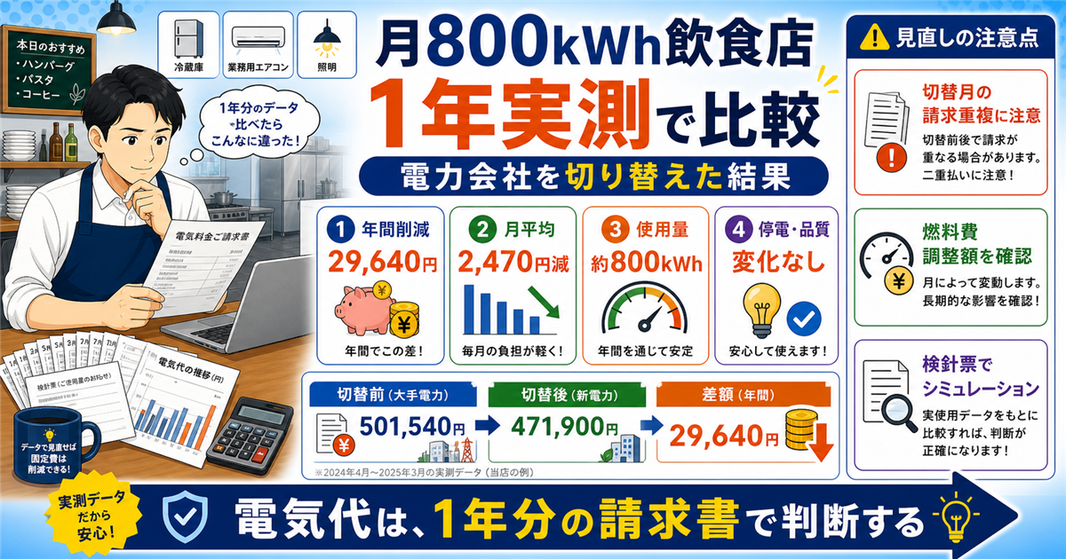 「飲食店・電力会社切替・結果」について、飲食店や小さな会社の経営者が課題と判断ポイントを確認できるように整理したアイキャッチ画像。実務で見直すべき点と改善の方向性を分かりやすく表している。