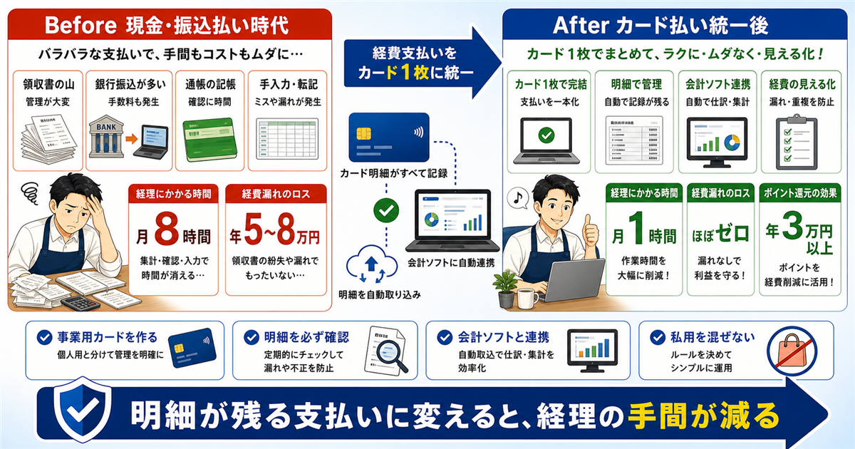 飲食店の経費支払いを現金・振込からカード1枚に統一し、経理時間が月8時間から月1時間へ減り、経費漏れやポイント還元も改善したBeforeAfter図解
