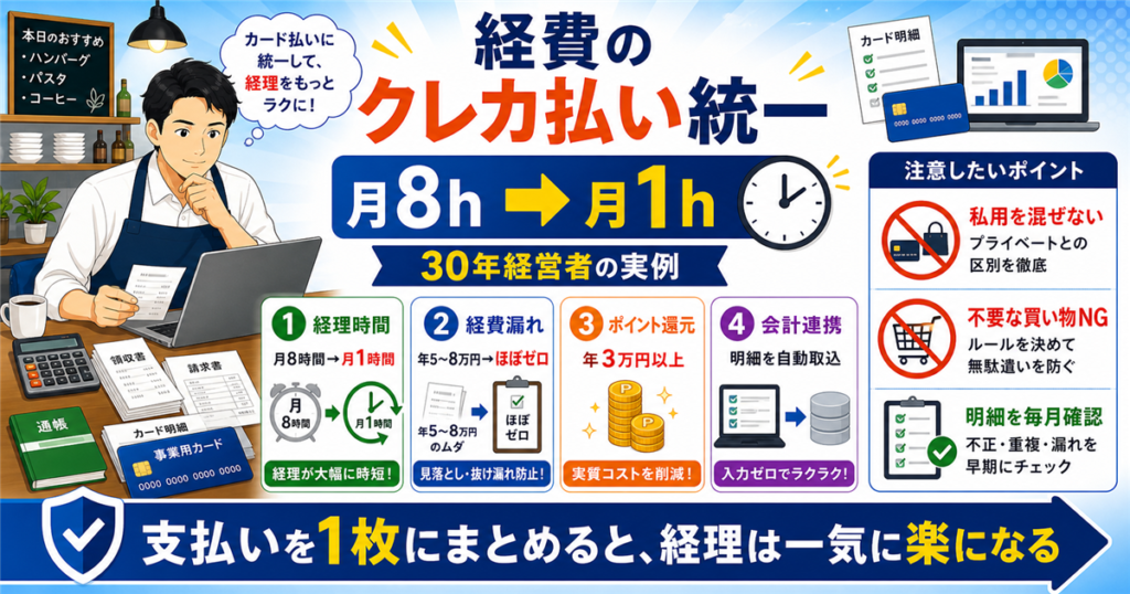 「飲食店・経費・カード・体験」について、飲食店や小さな会社の経営者が課題と判断ポイントを確認できるように整理したアイキャッチ画像。実務で見直すべき点と改善の方向性を分かりやすく表している。