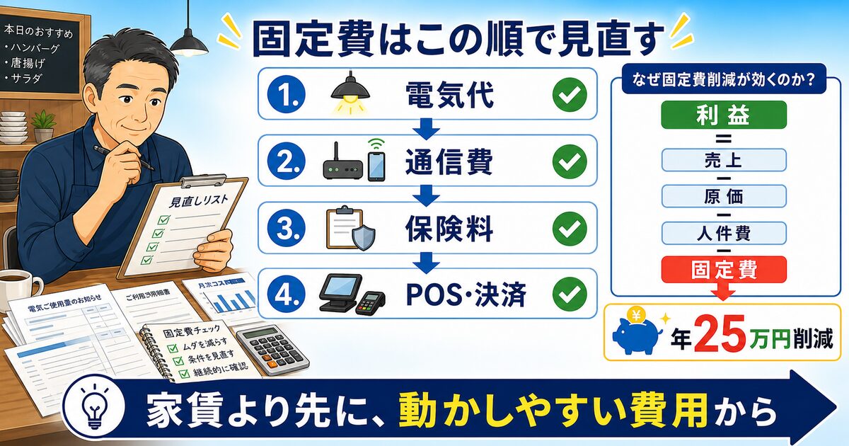 飲食店の固定費を通信費・電気代・保険・家賃・決済手数料の順に見直し、年間25万円削減する流れをまとめた図