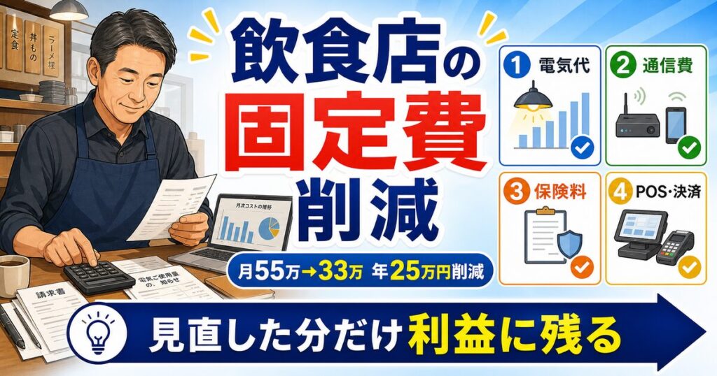 「飲食店・固定費・費用」について、飲食店や小さな会社の経営者が課題と判断ポイントを確認できるように整理したアイキャッチ画像（別構成2）。実務で見直すべき点と改善の方向性を分かりやすく表している。