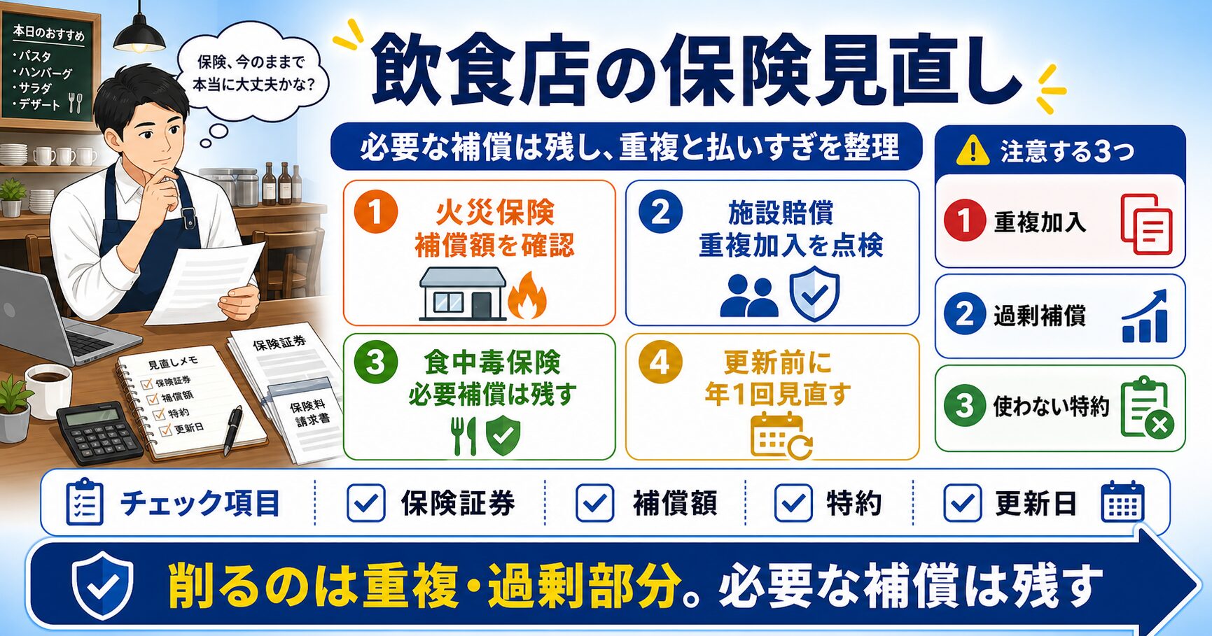 飲食店の保険を見直して必要な補償を残しながら重複と払いすぎを整理する流れをまとめた図