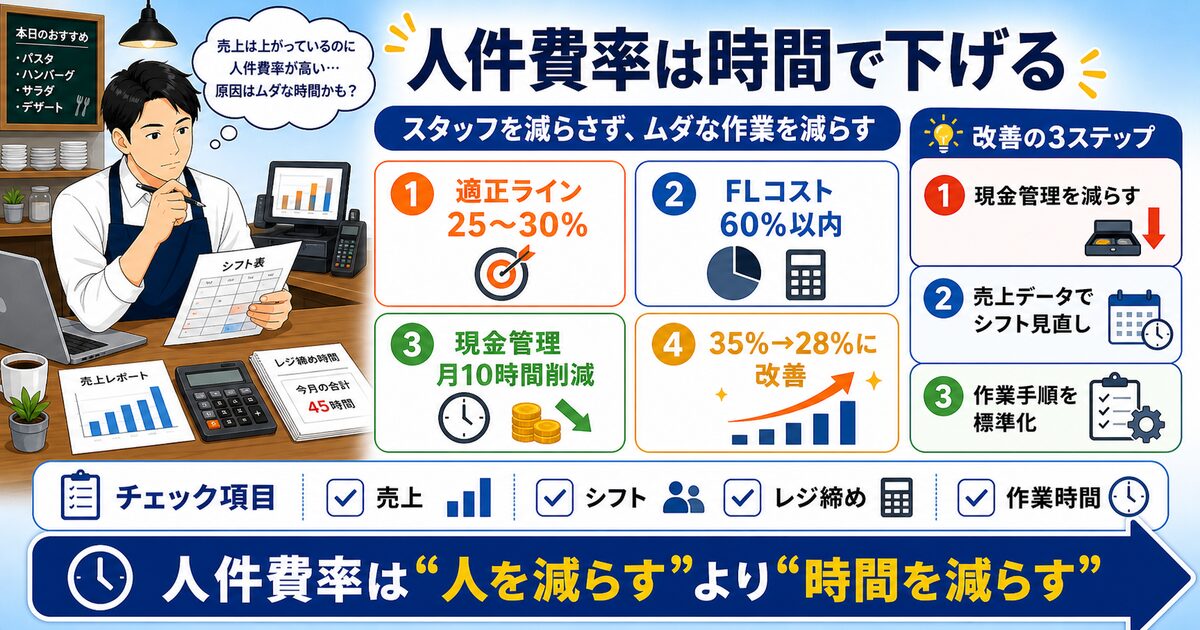 飲食店の人件費率を下げるために現金管理、シフト、作業標準化を順番に見直す図解