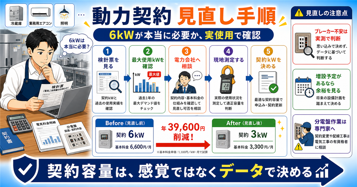 飲食店の動力契約6kWを見直す手順