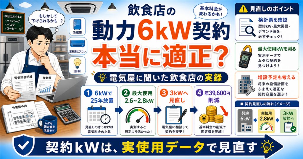 「飲食店・電力・確認」について、飲食店や小さな会社の経営者が課題と判断ポイントを確認できるように整理したアイキャッチ画像。実務で見直すべき点と改善の方向性を分かりやすく表している。