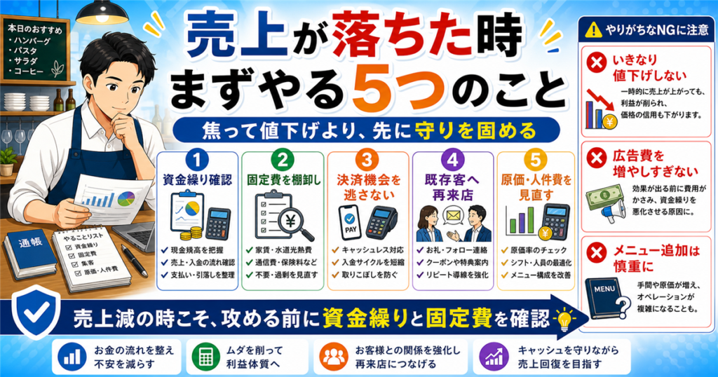「飲食店・売上・減少・対策」について、飲食店や小さな会社の経営者が課題と判断ポイントを確認できるように整理したアイキャッチ画像（別構成2）。実務で見直すべき点と改善の方向性を分かりやすく表している。