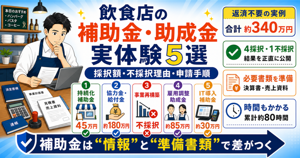 「飲食店・補助金・経験」について、飲食店や小さな会社の経営者が課題と判断ポイントを確認できるように整理したアイキャッチ画像。実務で見直すべき点と改善の方向性を分かりやすく表している。