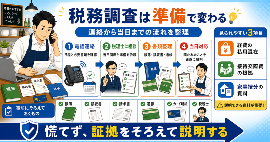 「飲食店・税金・税務調査・体験」について、飲食店や小さな会社の経営者が課題と判断ポイントを確認できるように整理した本文イラスト。実務で見直すべき点と改善の方向性を分かりやすく表している。