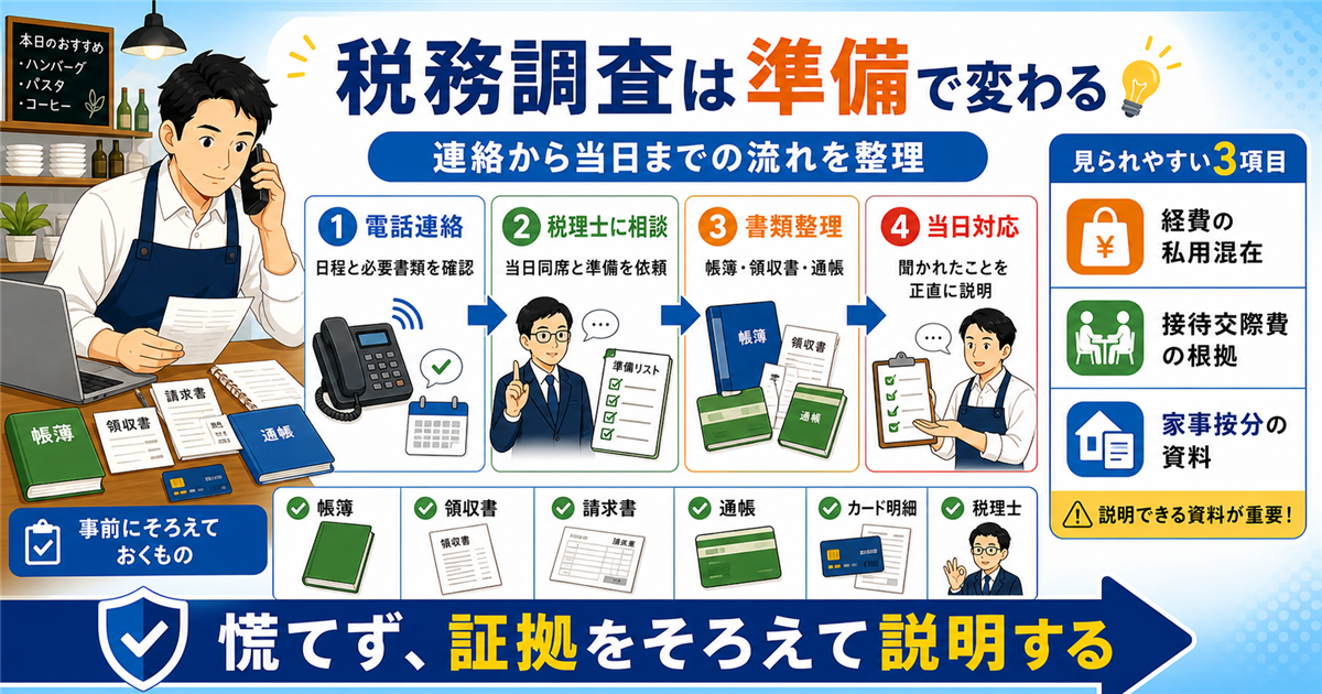 飲食店の税務調査で電話連絡から税理士相談、書類整理、当日対応までの流れと、帳簿・領収書・請求書・通帳・カード明細など事前にそろえる資料をまとめた図解