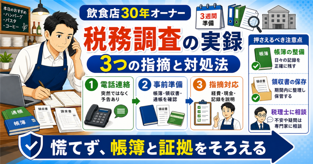 「飲食店・税金・税務調査・体験」について、飲食店や小さな会社の経営者が課題と判断ポイントを確認できるように整理したアイキャッチ画像。実務で見直すべき点と改善の方向性を分かりやすく表している。
