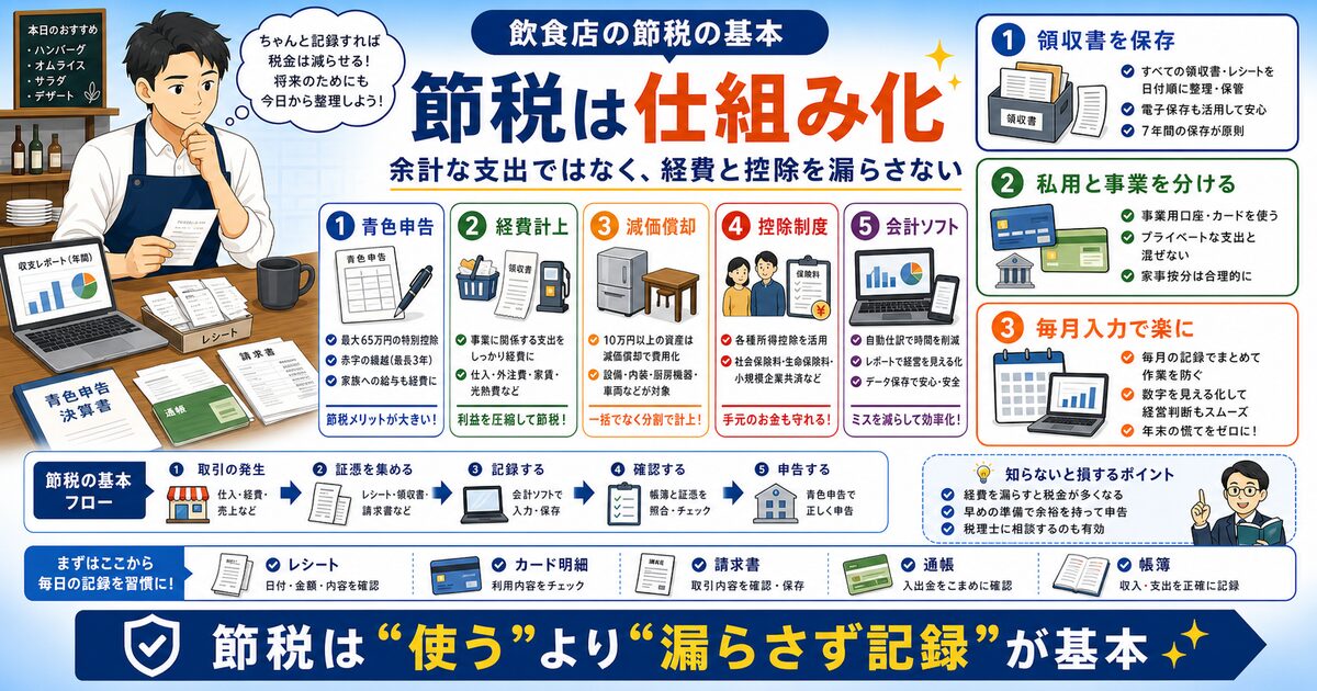 飲食店オーナーが領収書や経費を整理して節税の仕組みを確認している図解