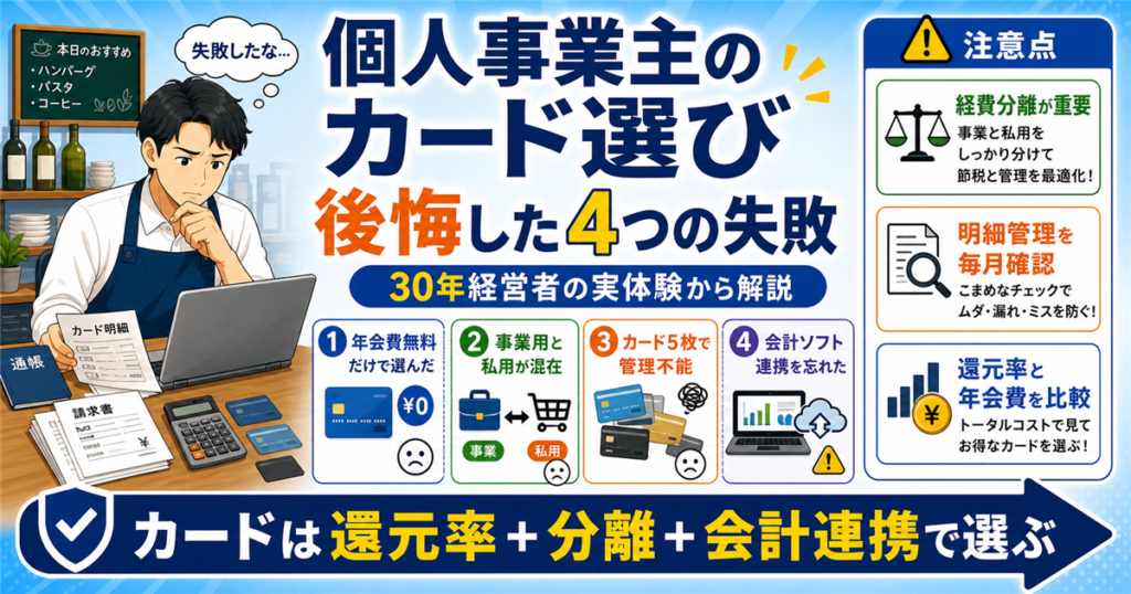 「個人・事業主・カード・失敗・体験」について、飲食店や小さな会社の経営者が課題と判断ポイントを確認できるように整理したアイキャッチ画像。実務で見直すべき点と改善の方向性を分かりやすく表している。