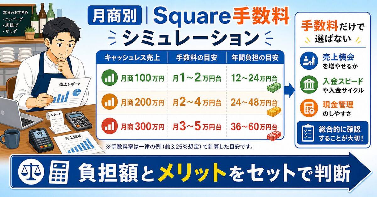 Squareの手数料を月商100万円・200万円・300万円別に比較し、負担額とメリットを確認するイラスト