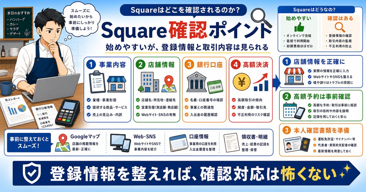 Squareの審査前に飲食店が確認したい店舗情報やメニュー、営業許可のチェック図