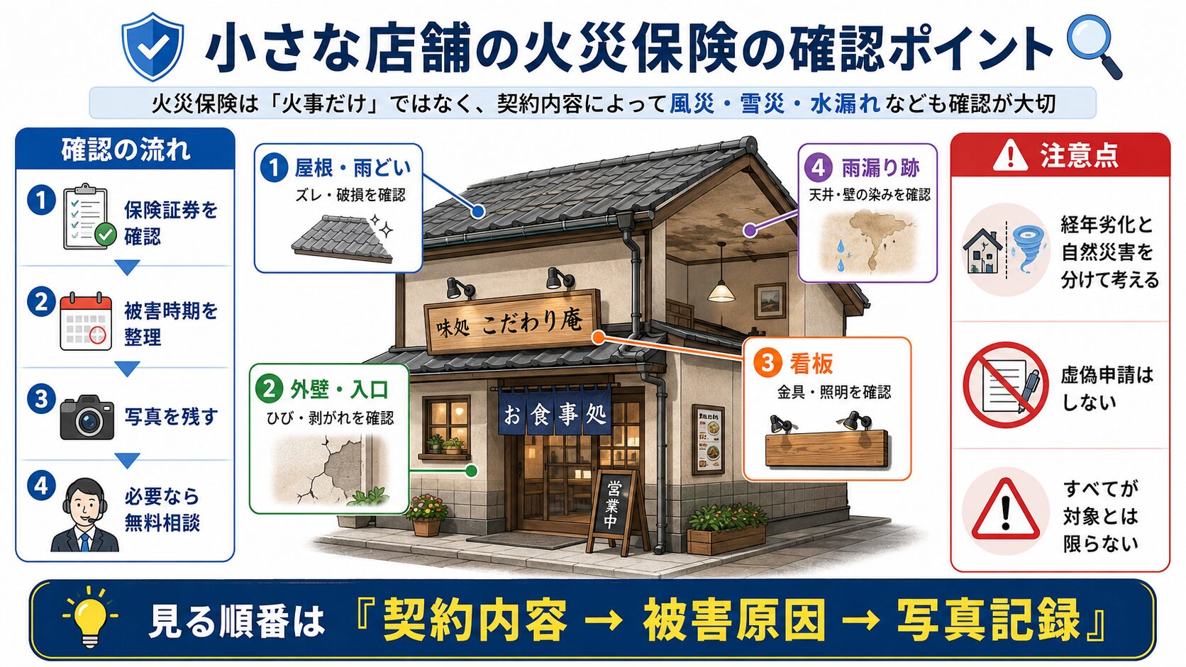 小さな店舗の火災保険で屋根・外壁・看板・雨漏りを確認し、写真・契約内容・専門家相談の順に整理する図