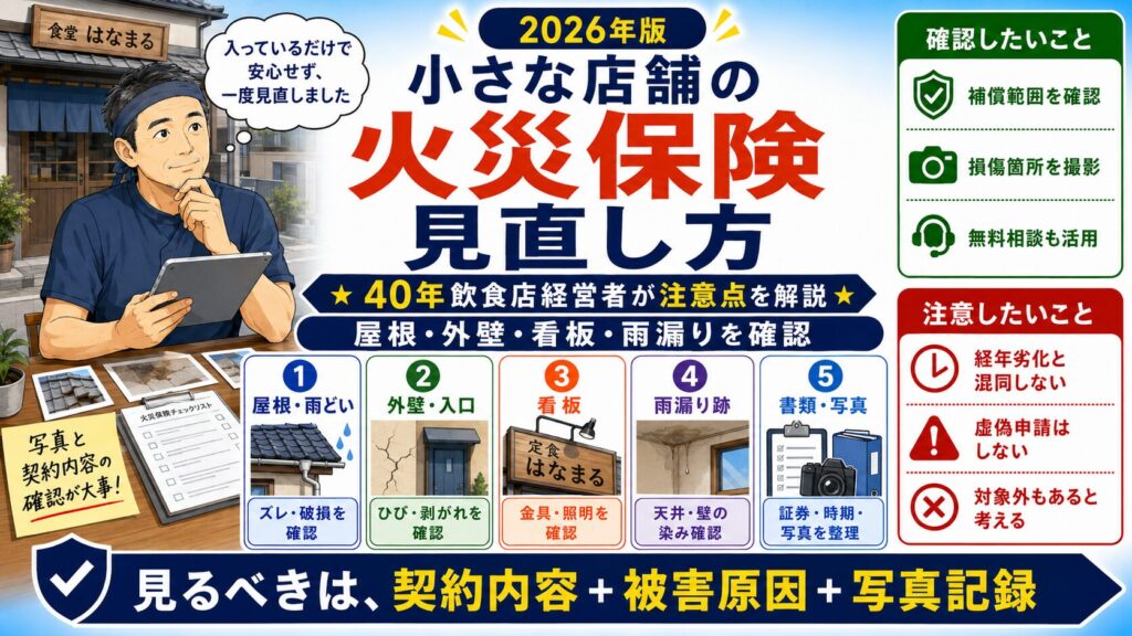 「店舗・火災・保険・確認」について、飲食店や小さな会社の経営者が課題と判断ポイントを確認できるように整理したアイキャッチ画像。実務で見直すべき点と改善の方向性を分かりやすく表している。