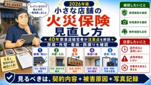 「店舗・火災・保険・確認」について、飲食店や小さな会社の経営者が課題と判断ポイントを確認できるように整理したアイキャッチ画像。実務で見直すべき点と改善の方向性を分かりやすく表している。