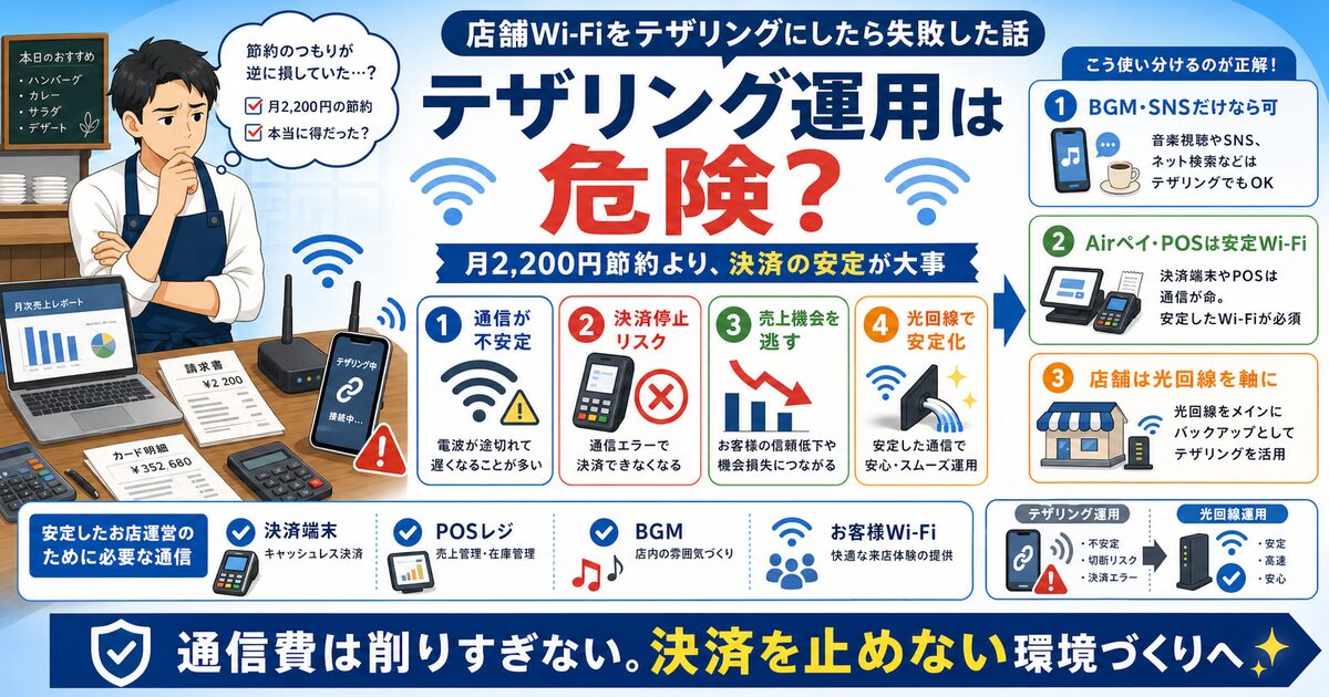 店舗Wi-Fiをテザリング運用したときの決済トラブルと光回線に戻す判断を示した図解