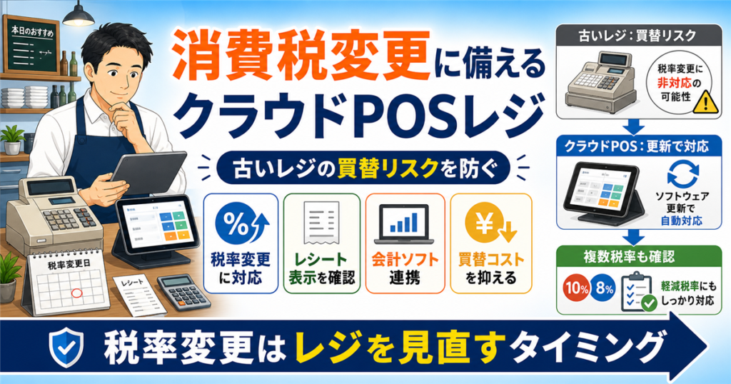 「税金・POSレジ」について、飲食店や小さな会社の経営者が課題と判断ポイントを確認できるように整理したアイキャッチ画像。実務で見直すべき点と改善の方向性を分かりやすく表している。