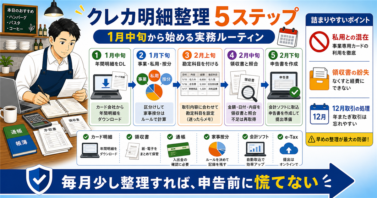 確定申告前のクレジットカード明細整理を1月中旬から2月下旬まで5ステップで進める実務ルーティンの図解。年間明細ダウンロード、事業用・私用・家事按分、勘定科目、領収書照合、申告書作成の流れを示す。