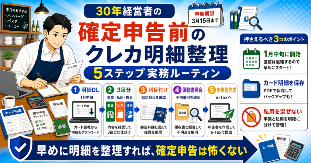 「税金・確定申告・カード・整理・手順」について、飲食店や小さな会社の経営者が課題と判断ポイントを確認できるように整理したアイキャッチ画像。実務で見直すべき点と改善の方向性を分かりやすく表している。