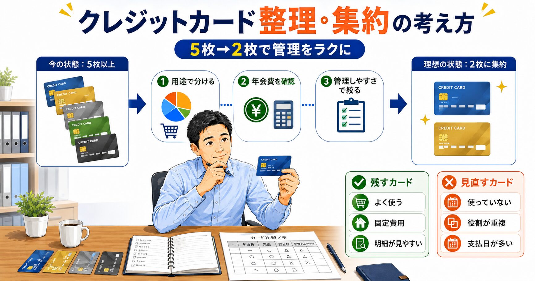 クレジットカードを複数枚から整理して事業用と個人用に分ける図解