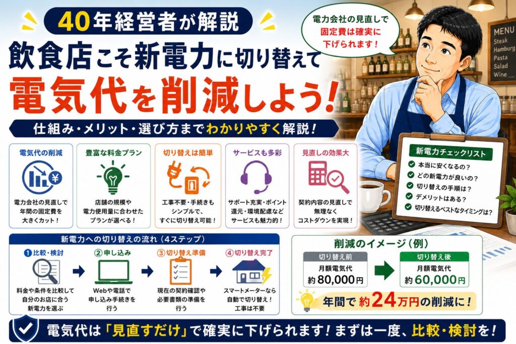 「新電力とは？」について、飲食店や小さな会社の経営者が課題と判断ポイントを確認できるように整理したイメージ画像。実務で見直すべき点と改善の方向性を分かりやすく表している。