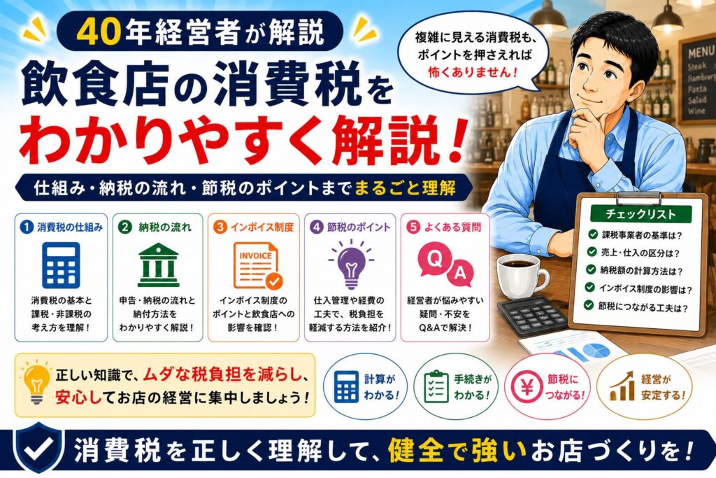 「飲食店の消費税をわかりやすく解説」について、飲食店や小さな会社の経営者が課題と判断ポイントを確認できるように整理したイメージ画像。実務で見直すべき点と改善の方向性を分かりやすく表している。