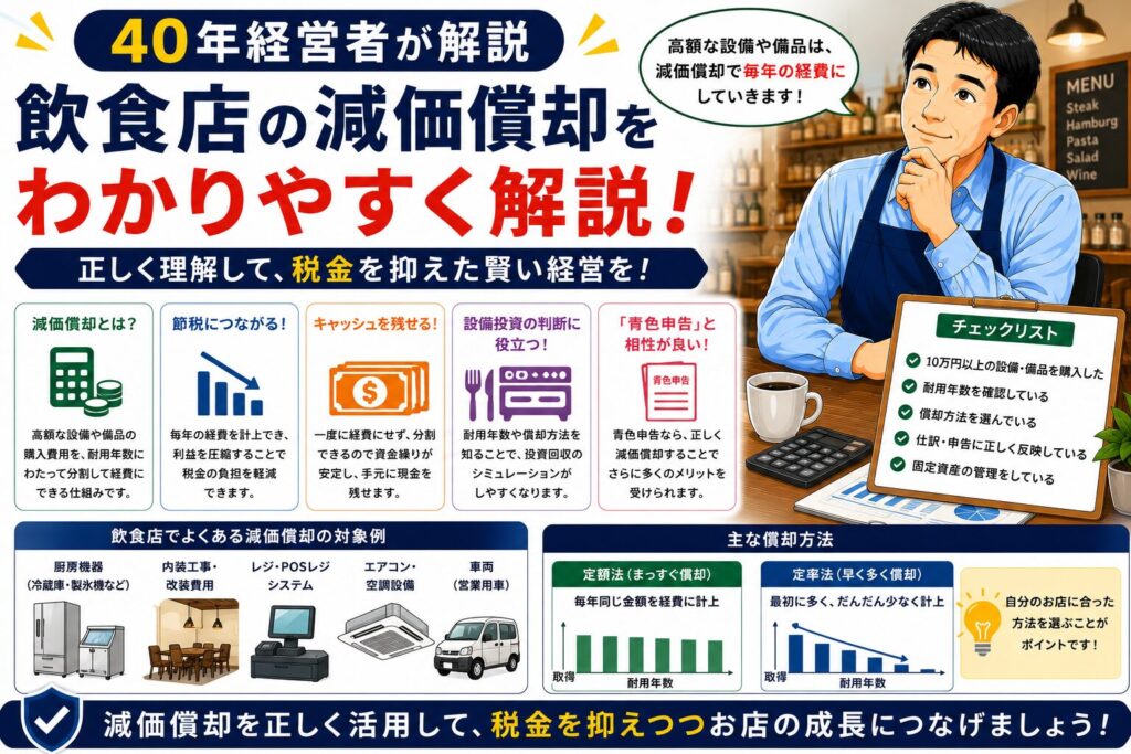 「飲食店の減価償却」について、飲食店や小さな会社の経営者が課題と判断ポイントを確認できるように整理したイメージ画像。実務で見直すべき点と改善の方向性を分かりやすく表している。