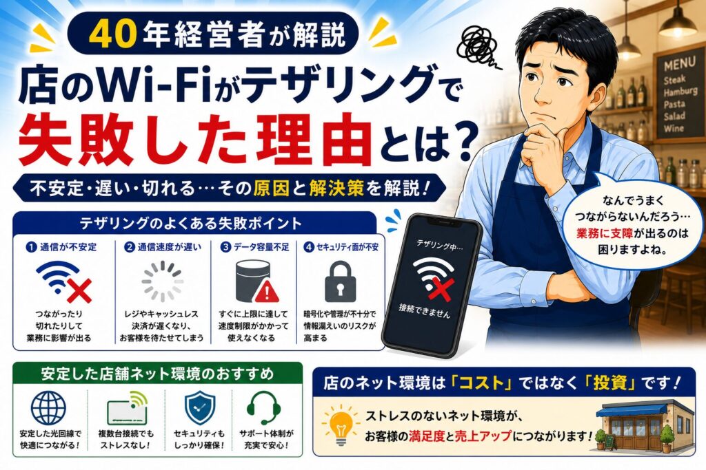 店舗Wi-Fiをテザリングにしたら失敗した話を解説する実務向けイメージ画像｜経営改善の確認資料